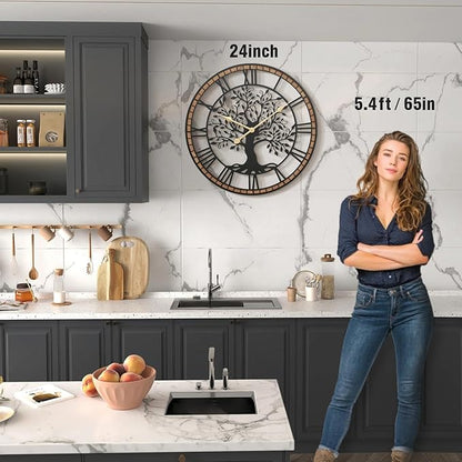 Micasso Non-Ticking Large Wall Clock: 24Inch Tree of Life Metal Black with Solid Wood Frame - Silent Battery Operated Clock for Living Room/Office/Bedroom/Kitchen - Home Decor for Fashion-Conscious