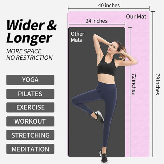 Hatha Yoga Extra Long TPE Yoga Mat 79" x 40” x 1/2" Thick Non-slip Exercise Mat for Home Gym Use, Yoga, Pilates, Fitness & Workouts