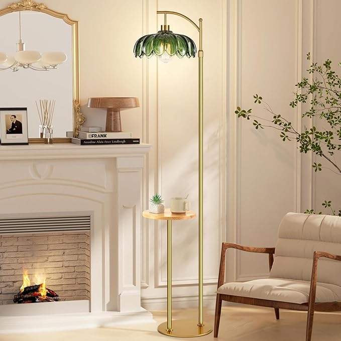 Arc Floor Lamp with Table and Shelves,Gold Floor Lamp for Living Room Glass Floor Lamps with Remote Control & 3 Color Temperature,Dimmable Standing Lamp Tall Flower Floor Lamps for Bedroom Corner