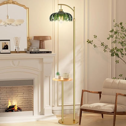 Arc Floor Lamp with Table and Shelves,Gold Floor Lamp for Living Room Glass Floor Lamps with Remote Control & 3 Color Temperature,Dimmable Standing Lamp Tall Flower Floor Lamps for Bedroom Corner