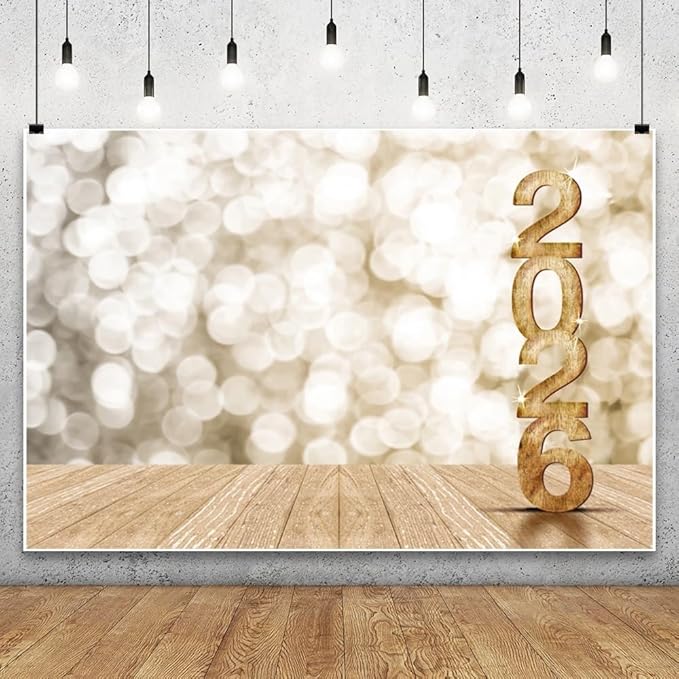 Leyiyi Happy New Year 2026 Background 8x6ft Photography Backdrops Wooden Bokeh Light Spot Dreamy Paillette Twinkle New Year Eve Christmas Family Party Adults Shooting Props