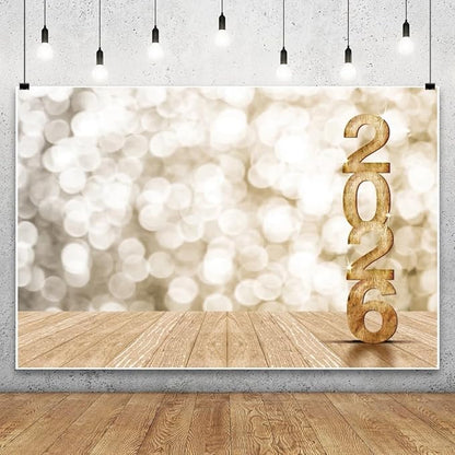 Leyiyi Happy New Year 2026 Background 12x8ft Photography Backdrops Wooden Bokeh Light Spot Dreamy Paillette Twinkle New Year Eve Christmas Family Party Adults Shooting Props