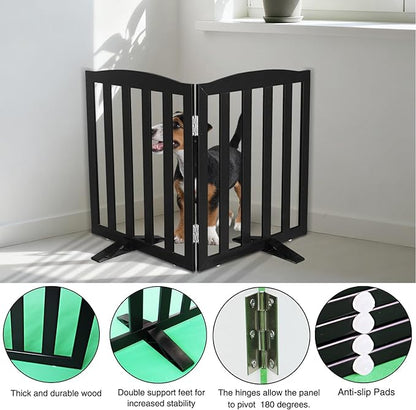 ZJSF Foldable Freestanding Indoor Dog Gate for House Wood Long Pet Gates Dog Fence for Stairs Puppy Gates for Hallways, Puppy Gate,Support Feet Included, Black, 32 "Height-2 Panels