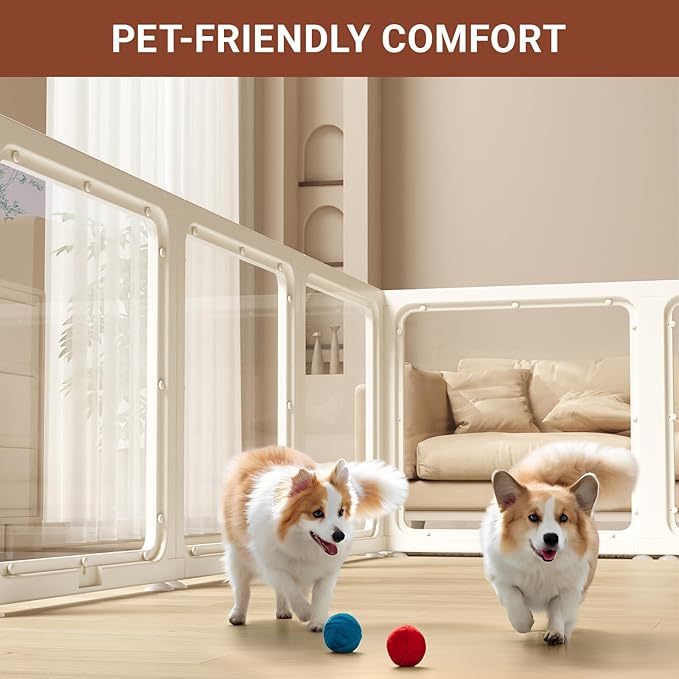 Transparent 10-Panel Dog Playpen, Acrylic Indoor/Outdoor Puppy Pen for Small & Medium Dogs, 24 Inch with Door, White(Ventilated Design 50 * 26 Single Room,24 inch)