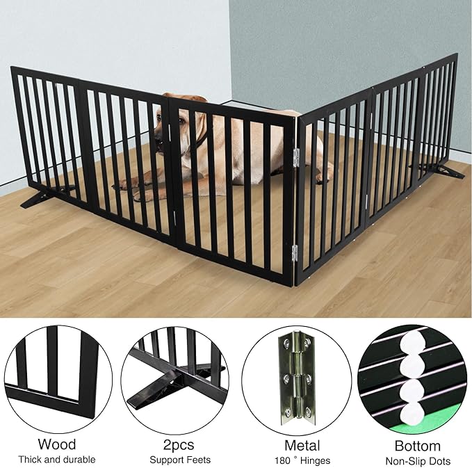 Dog Gate Indoor, Freestanding Dog Fence for The House, Doorways, Hallways,or Stairs,Pet Gate Foldable Wooden,Expandable 24" Height 6 Panels,Black