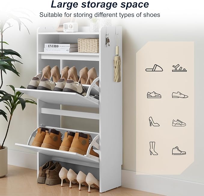 Shoe Cabinet Organizer with 2 Flip Drawers，Freestanding Shoe Rack Cabinet，Narrow Shoe Cabinet Storage for entryway, Foyer, Hallway, White, 23.6" W