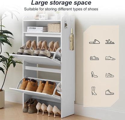 Shoe Cabinet Organizer with 2 Flip Drawers，Freestanding Shoe Rack Cabinet，Narrow Shoe Cabinet Storage for entryway, Foyer, Hallway, White, 23.6" W