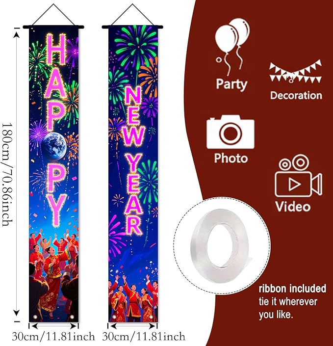 Nuxovilar Happy New Year Banner, 70.86" x 11.81" Pink Purple Fireworks Hanging Decorations for Outdoor Indoor Home Wall