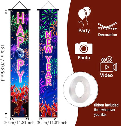Nuxovilar Happy New Year Banner, 70.86" x 11.81" Pink Purple Fireworks Hanging Decorations for Outdoor Indoor Home Wall