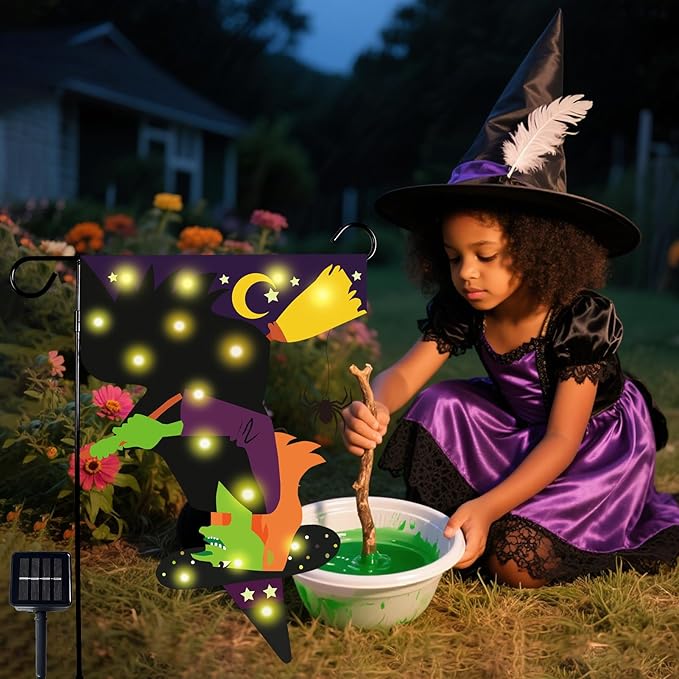 Halloween Solar-Powered Lighted Witch Garden Flag, 12x18 Inch Double-Sided Outdoor Decor with 8 Lighting Modes, Waterproof Yard Flag for Halloween Patio, Lawn & Porch