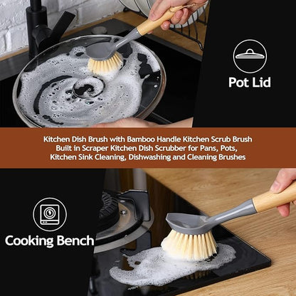 Mimorou 8 Pieces Kitchen Dish Brush with Bamboo Handle Scrub Brush Built in Scraper Dish Scrubber for Pans, Kitchen Sink Cleaning, Dishwashing