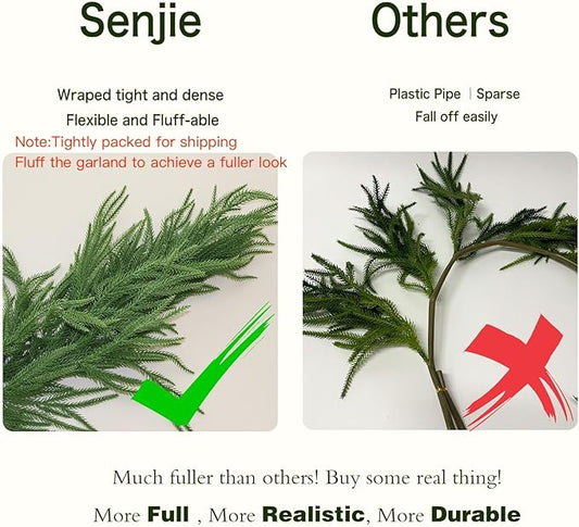 Senjie 6FT 2PCS Christmas Garlands Norfolk Pine Garland Real Touch Artificial Faux Greenery Garland for Holiday Indoor Outdoor Decor
