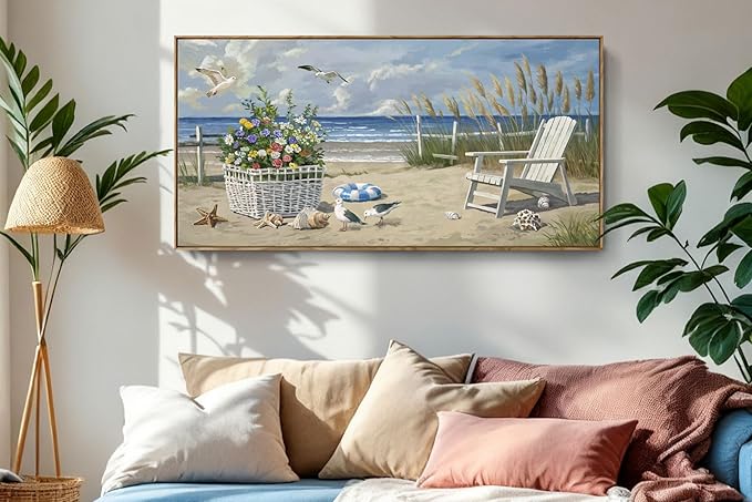 ARTZON Sea Landscape Wall Art – Large Framed Seaside Seashell Starfish Flower Basket Beach Scene Canvas Painting Horizontal Prints Picture for Dorm, Hallway, 48x24 Inch
