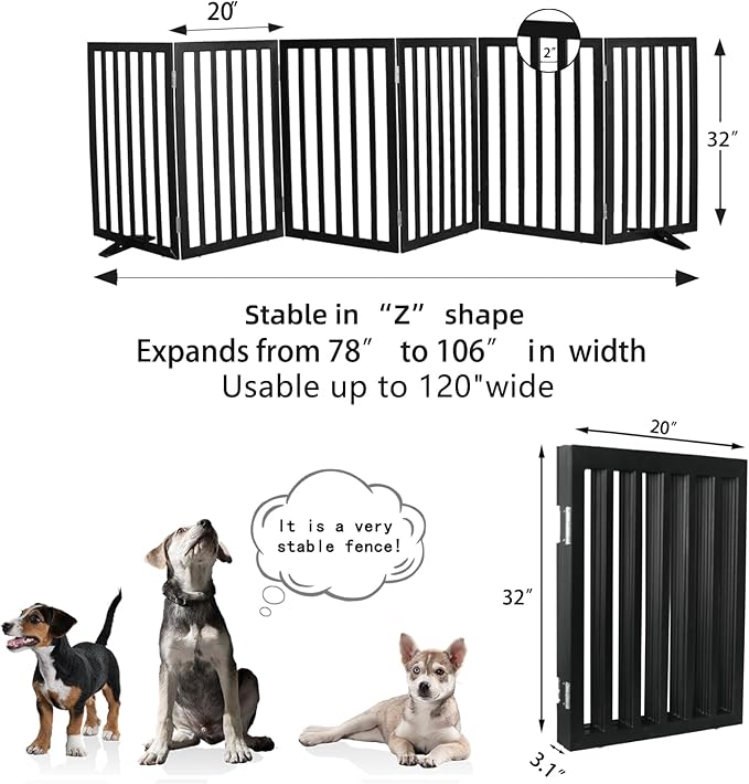 Dog Gate Indoor, Freestanding Dog Fence for The House, Doorways, Hallways,or Stairs,Pet Gate Foldable Wooden,Expandable 32" Height 6 Panels,Black