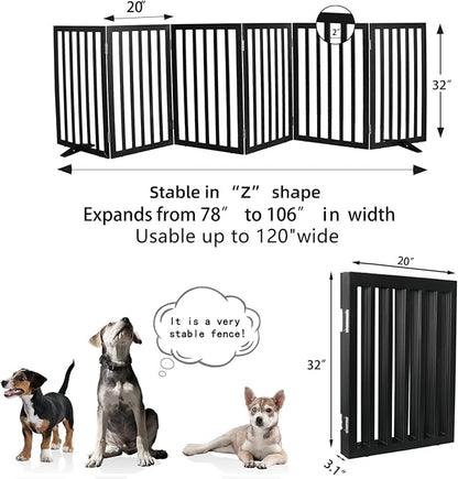 Dog Gate Indoor, Freestanding Dog Fence for The House, Doorways, Hallways,or Stairs,Pet Gate Foldable Wooden,Expandable 32" Height 6 Panels,Black