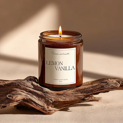 Lemon Vanilla Scented Candle for Home, Natural Soy Wax Aromatherapy Non Toxic Candle Gifts for Women & Men, Handmade Highly Scented & Long Lasting Jar Candle for Stress Relief (9oz)