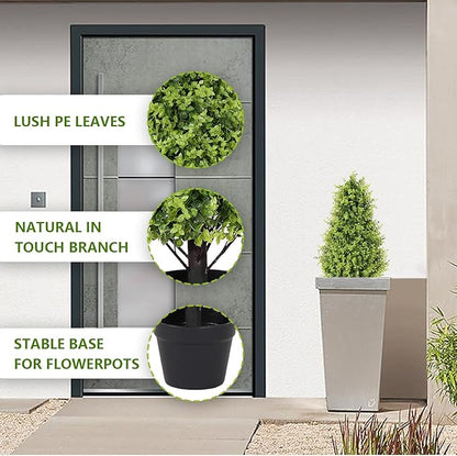 30" Tall Artificial Boxwood Topiary Trees, Set of 2 – UV Resistant Faux Evergreen Shrubs and Bushes for Outdoor Planters, Realistic Fake Plants for Front Porch Outside Patio Garden