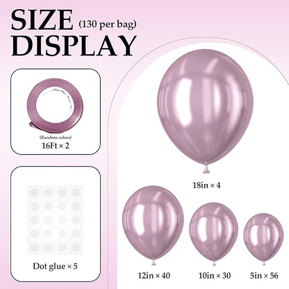130PCS Metallic Pink Balloons, Latex Balloon Different Sizes 18/12/10/5 Inch, Helium Balloons with Ribbon, Party Balloon for Birthday Wedding Graduation Anniversary Baby Shower Decoration