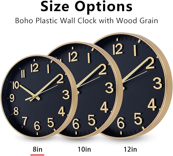 HZDHCLH Wall Clocks Battery Operated,Wall Clock Black Gold,8 inch Wall Clock Silent Non Ticking Modern 3D Numbers for Kitchen Bedroom Living Room Office Classroom Decor