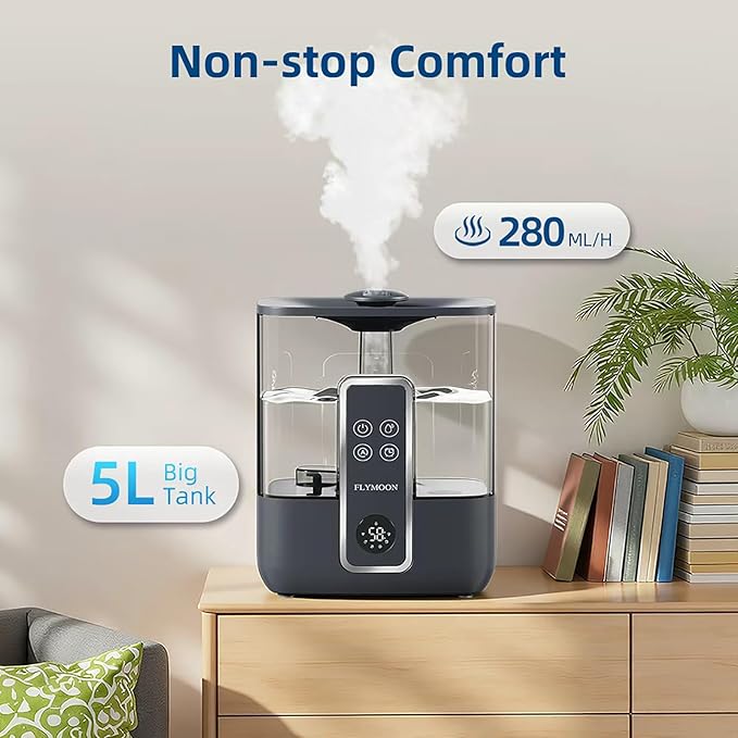 Flymoon 5L Mist Humidifier for Bedroom Large Room, Humidifier for Baby & Plants, Top Fill, 28dB, 3 Mist Levels, 12H Timer, App Control, Black