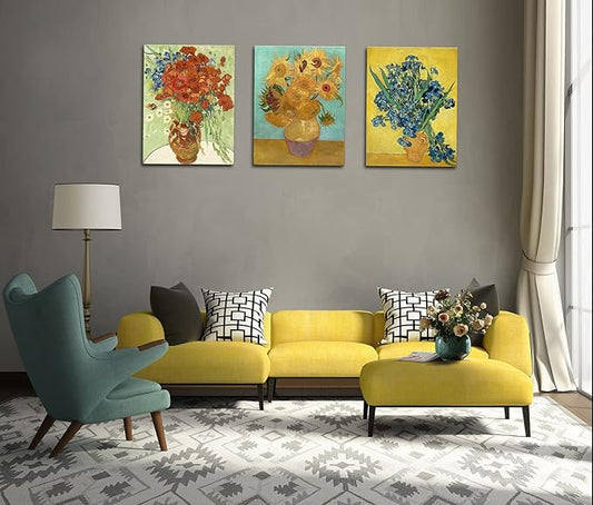 Sunflowers of Vincent Van Gogh Wall Art, Irises Flower Paintings Artwork Reproduction, Giclee Canvas Prints Pictures for Bedroom Kitchen Bathroom Decor 12"x16"x 3 Pcs