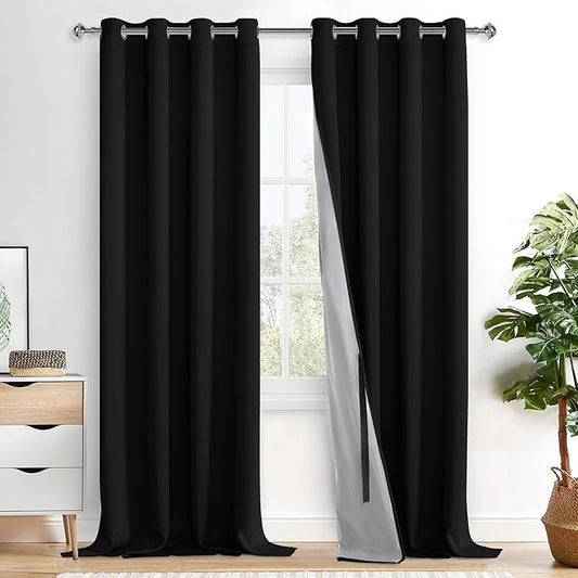 XWZO 100% Blackout Curtains - Extra Long Thermal Insulated Black Liner Curtains, Noise Reducing and Heat Blocking Drapes for Bedroom with Tiebacks, Black, W52 x L108, Set of 2