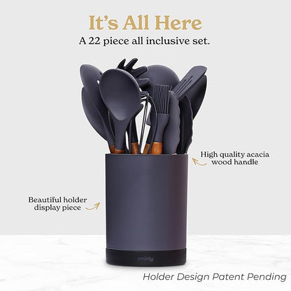 Silicone Kitchen Utensils Set & Holder: Cooking Utensils Set - Kitchen Essentials for New Home & 1st Apartment- Silicone Spatula Set, Cooking Spoons for Nonstick Cookware (Acacia Wood, Grey)