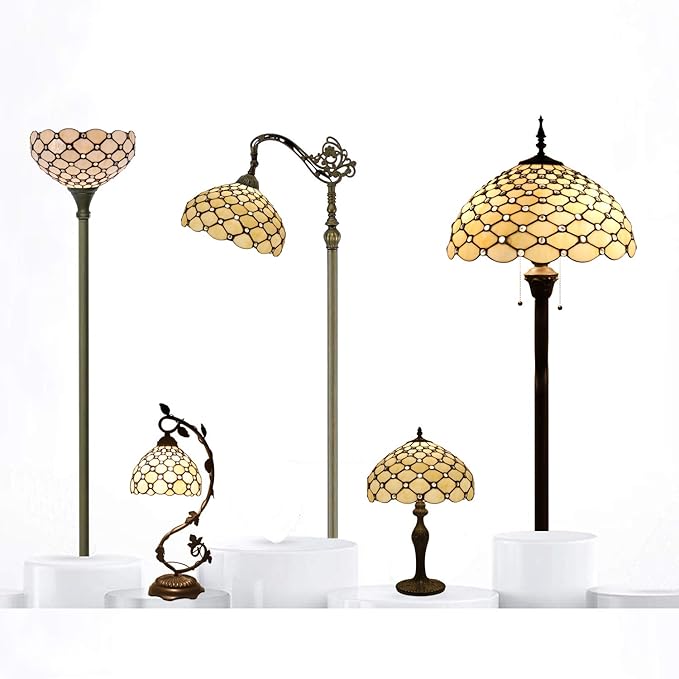 WERFACTORY Tiffany Floor Lamp Cream Amber Stained Glass Bead Light 12X12X71 Inches Pole Torchiere Standing Corner Torch Uplight Decor Bedroom Living Room Home Office (LED Bulb Included) S005 Series