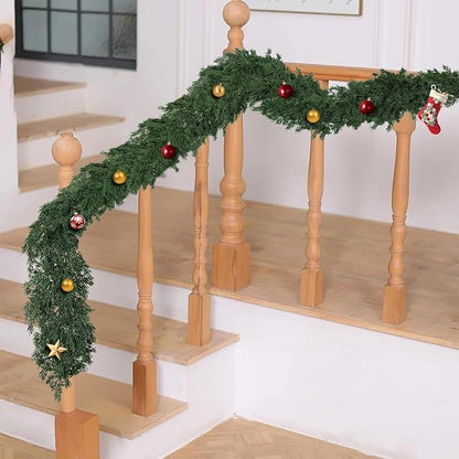 16ft Christmas Cedar Garland, Real Touch Pine Garland, Realistic Cypress Garlands Christmas Decorations for Mantel, Table, Stairs, Porch - Indoor Outdoor Xmas Holiday Decor