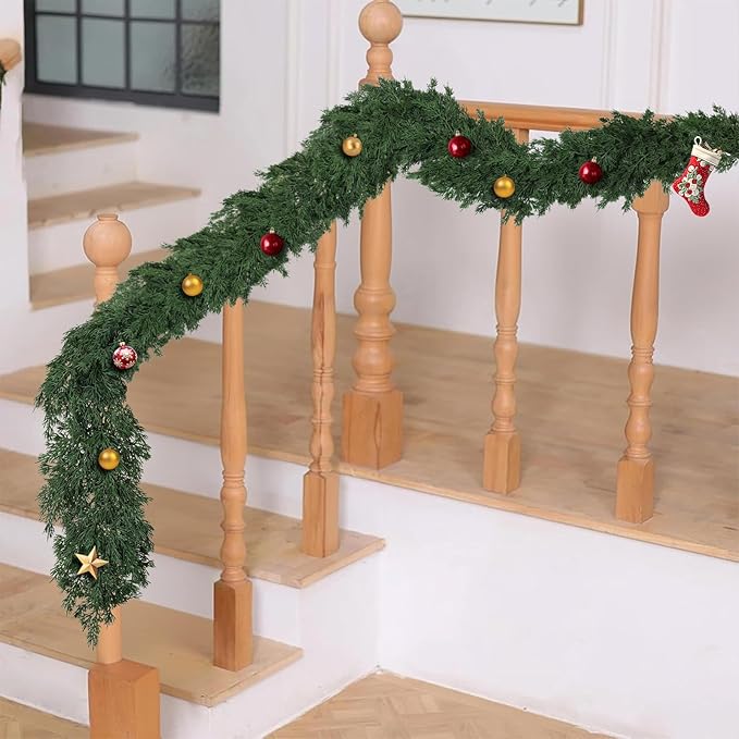 6ft Christmas Cedar Garland, Real Touch Pine Garland, Realistic Cypress Garlands Christmas Decorations for Mantel, Table, Stairs, Porch - Indoor Outdoor Xmas Holiday Decor