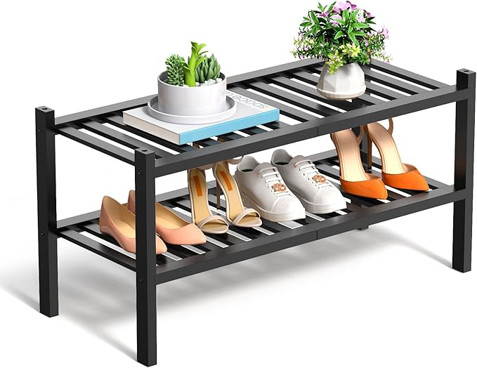 RONGJlA 2 Tier Bamboo Shoe Rack for Closet Free Standing Wood Shoe Shelf Storage Organizer for Entryway Small Space Stackable, Black