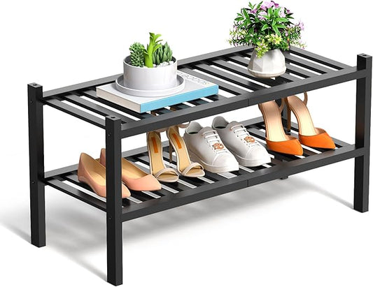 RONGJlA 2 Tier Bamboo Shoe Rack for Closet Free Standing Wood Shoe Shelf Storage Organizer for Entryway Small Space Stackable, Black