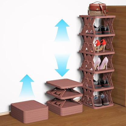 Small Shoe Rack, 6 Tier Foldable Shoe Organizer Without Assembly, Fake Wood-Pattern Match Floor Well, for Entryway, Front Door Entrance, Bedroom, Brown
