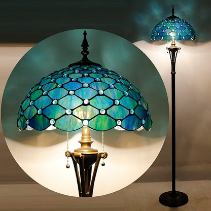 Tiffany Floor Lamp Sea Blue Stained Glass Pearl Standing Reading Light 16X16X70 Inches Antique Pole Corner Lamp Decor Bedroom Office Living Room