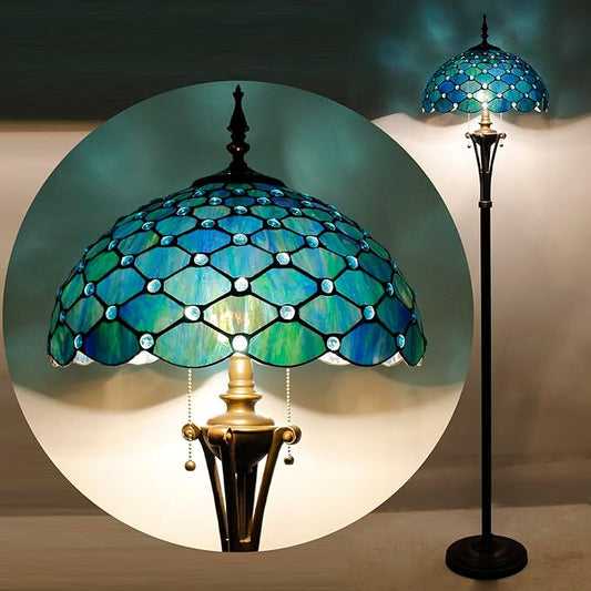Tiffany Floor Lamp Sea Blue Stained Glass Pearl Standing Reading Light 16X16X70 Inches Antique Pole Corner Lamp Decor Bedroom Office Living Room
