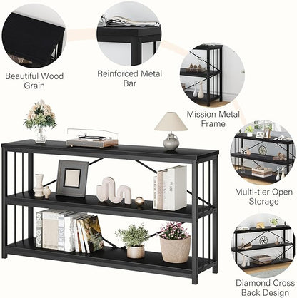 LVB Black Console Table, Modern Entryway Table for Hallway Living Room, Industrial Sofa Table Behind Couch, Farmhouse Wooden Metal Entry Table for Foyer with 3-Tier Storage Shelves, Black Oak, 55 Inch