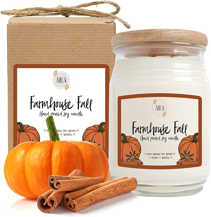 Aira Fall Soy Candles - Organic, Kosher, Vegan, Farmhouse Candle w/Aromatherapy Essential Oils - Hand-Poured 100% Soy Candle Wax - Paraffin Free, Burns 60+ Hours - Farmhouse Fall - 20 Ounces