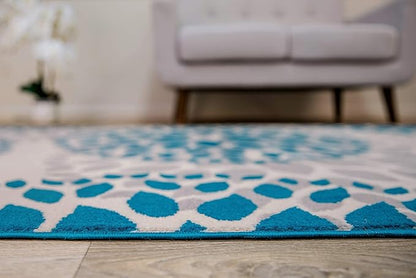 Rugshop Modern Blue Floral Circles Design Area Rug – Elegant Non-Shedding, 2' x 3' for Living Room, Bedroom, Dining Room, Kitchen