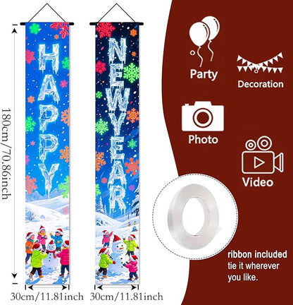 Nuxovilar Happy New Year Banner, 70.86" x 11.81" Colorful Balls Fireworks Hanging Decorations for Outdoor Indoor Home Wall
