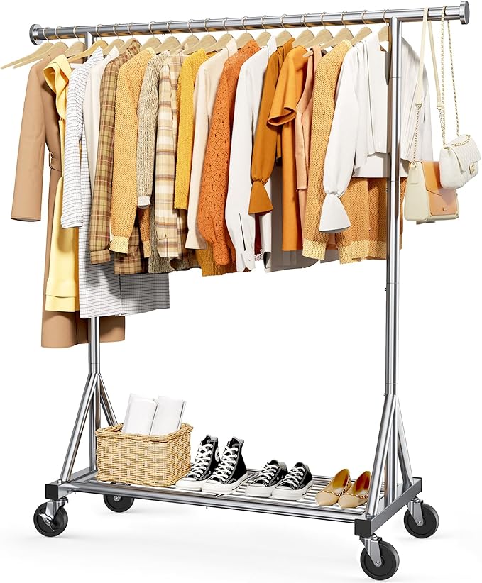 Stainless Steel Rolling Clothes Rack with Mesh Shelf, Lockable Wheels & Anti-Slip Stoppers, Freestanding Clothing Organizer for Bedroom, Laundry Room, 42.5" x 16.5" x 65.9", Silver