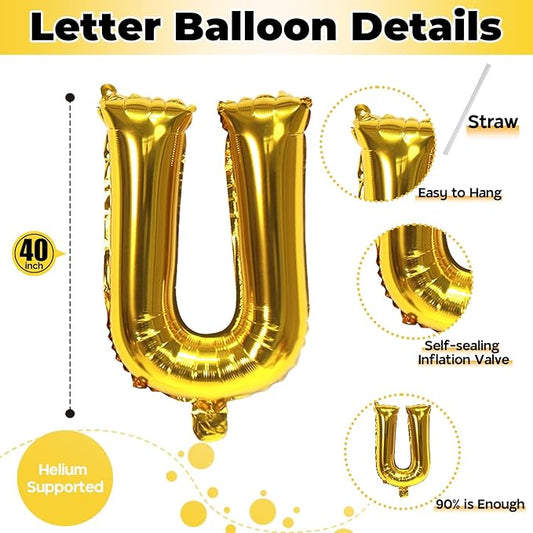 Large Custom Balloon Letters U, 40 Inch Helium Alphabet Word Balloons Decor, Big Self Inflating Foil A-Z Gold Letter Name Balloons for Boys Women Birthday Anniversary Party Decorations Supplies