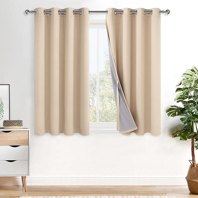 XWZO Complete Blackout Shades Window Curtain Panels with Tiebacks- Noise Reduction and Light Blocking Grommet Curtains with Black Liner for Studio, Basement Room, Biscotti Beige, W52 x L54, Set of 2