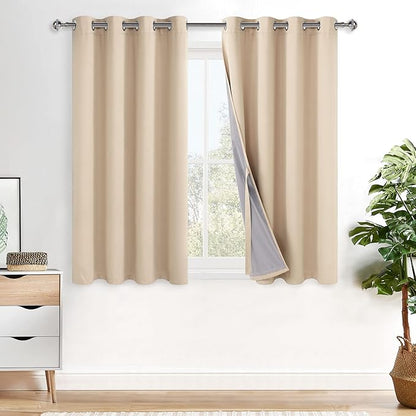 XWZO Complete Blackout Shades Window Curtain Panels with Tiebacks- Noise Reduction and Light Blocking Grommet Curtains with Black Liner for Studio, Basement Room, Biscotti Beige, W52 x L54, Set of 2
