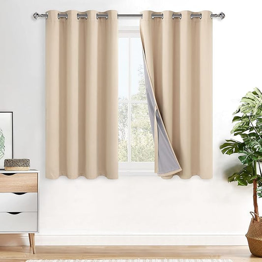 XWZO Complete Blackout Shades Window Curtain Panels with Tiebacks- Noise Reduction and Light Blocking Grommet Curtains with Black Liner for Studio, Basement Room, Biscotti Beige, W52 x L54, Set of 2