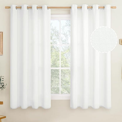LAMIT White Linen Curtains 63 inch Length for Bedroom, Grommet Thermal Insulated Thick Curtains Burlap Light Filtering Panels for Living Room/Outdoor/French Door, Set of 2 Panels, W52 x L63