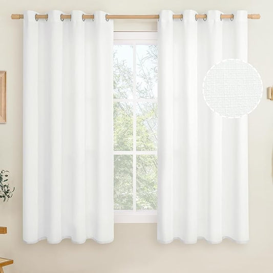 LAMIT White Linen Curtains 63 inch Length for Bedroom, Grommet Thermal Insulated Thick Curtains Burlap Light Filtering Panels for Living Room/Outdoor/French Door, Set of 2 Panels, W52 x L63