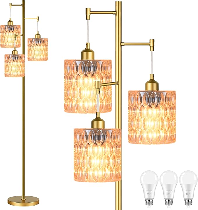 3 Lights Tree Floor Lamps for Living Room,Gold Modern Floor Lamps with Amber Glass Shades,Vintage 68IN Standing Tall Lamp with 800 Lumens Bulbs,Mid Century Floor Lamp for Bedroom Corner Office