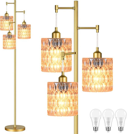 3 Lights Tree Floor Lamps for Living Room,Gold Modern Floor Lamps with Amber Glass Shades,Vintage 68IN Standing Tall Lamp with 800 Lumens Bulbs,Mid Century Floor Lamp for Bedroom Corner Office
