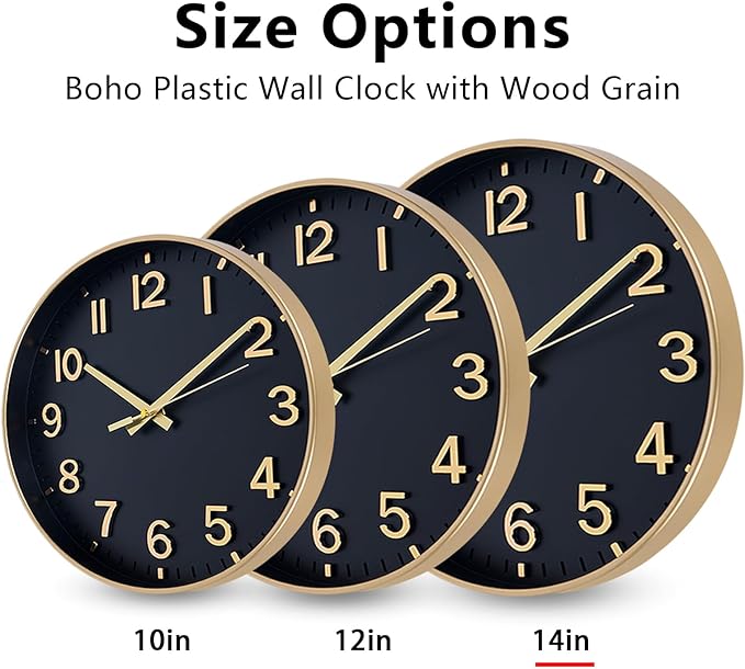 HZDHCLH Wall Clocks Battery Operated,Wall Clock Black Gold,14 inch Wall Clock Silent Non Ticking Modern 3D Numbers for Kitchen Bedroom Living Room Office Classroom Decor