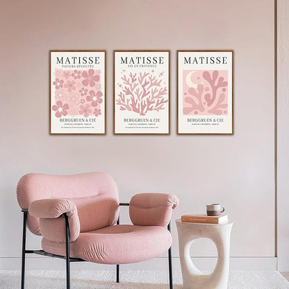 HLNIUC Pink Matisse Picasso Framed Wall Art,Neutral Pink Flower Canvas Wall Decor Set of 3(16”x24’) Modern Aesthetic Pictures Wall Painting,Abstract Floral Market Art Print for Living Room,Bedroom